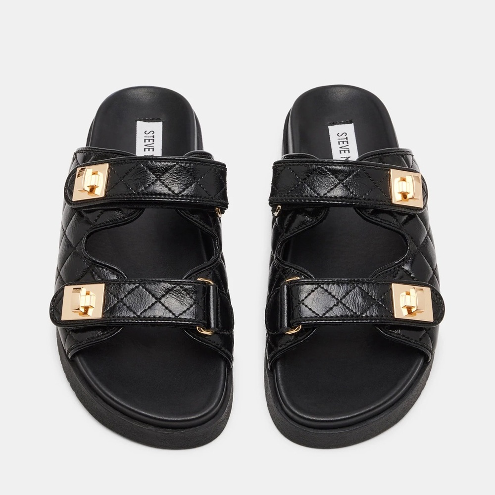Steve Madden Schmona Black Leather Sandals with Gold Accents